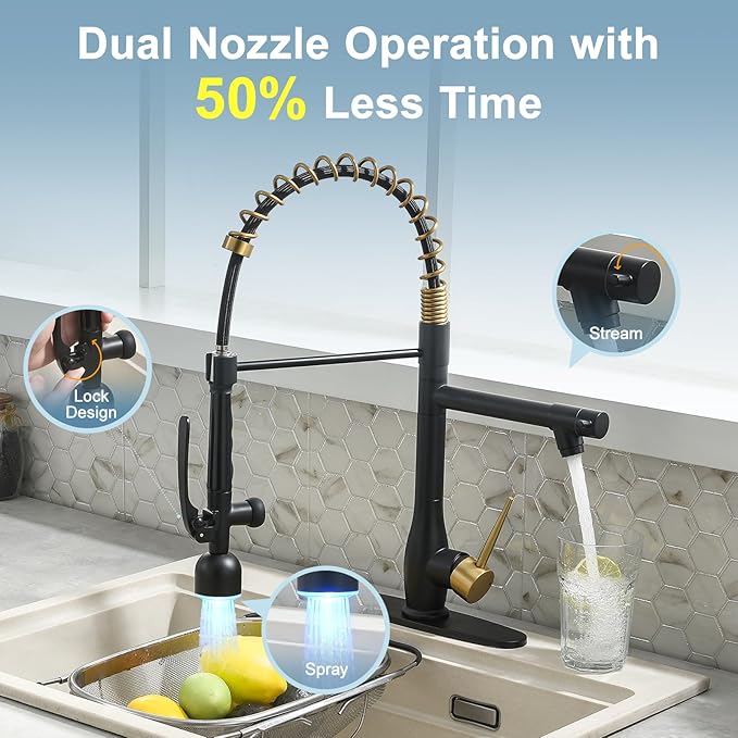 GIMILI Black and Gold Kitchen Faucet with LED Single Handle Kitchen Sink Faucet with Pull Down Sprayer Commercial Double-Headed Stainless Steel Kitchen Faucets Sink with Deck Plate