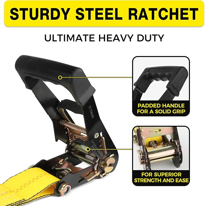 Car Tie Down Straps for Trailers 2inch x10ft - J Hooks with Safety Clips(10,000 Lbs Break Strength)-4 Pack Heavy Duty Vehicle Hauler Strap Tire Ratchet Straps with Axle Straps for Truck Utv Trailer