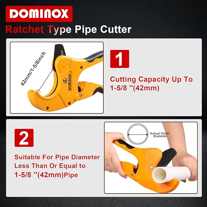 DOMINOX PVC Pipe Cutter, Cuts up to 1-5/8" PEX, PVC, PPR, Plastic Hoses& Plumbing Pipes,Ratchet PVC Cutter Tool with SK5 Blade and Aluminum Alloy Body