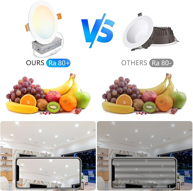 LVWIT Ultra-Thin Recessed Lighting 3 Inch with Junction Box, 550LM 2700K-5000K 5CCT LED Ceiling Lights, Dimmable Canless Wafer Downlight, ETL,FCC&IC, Smooth Trim, 6 Pack