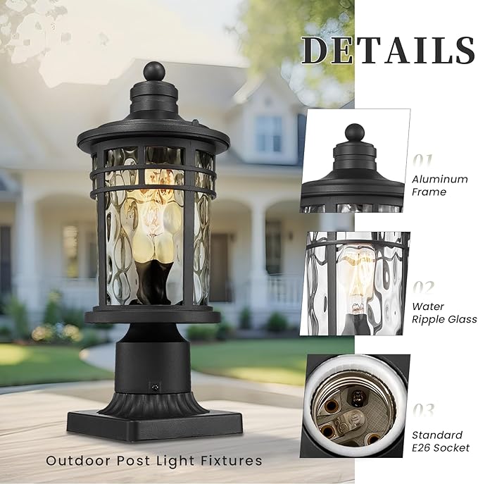 Outdoor Post Lighting Fixtures Pole Lantern Waterproof Aluminum Housing with Water Ripple Glass 16.5 Inch Height Large Size Pillar Light Outdoor for Garden Patio Pathway E26 Socket