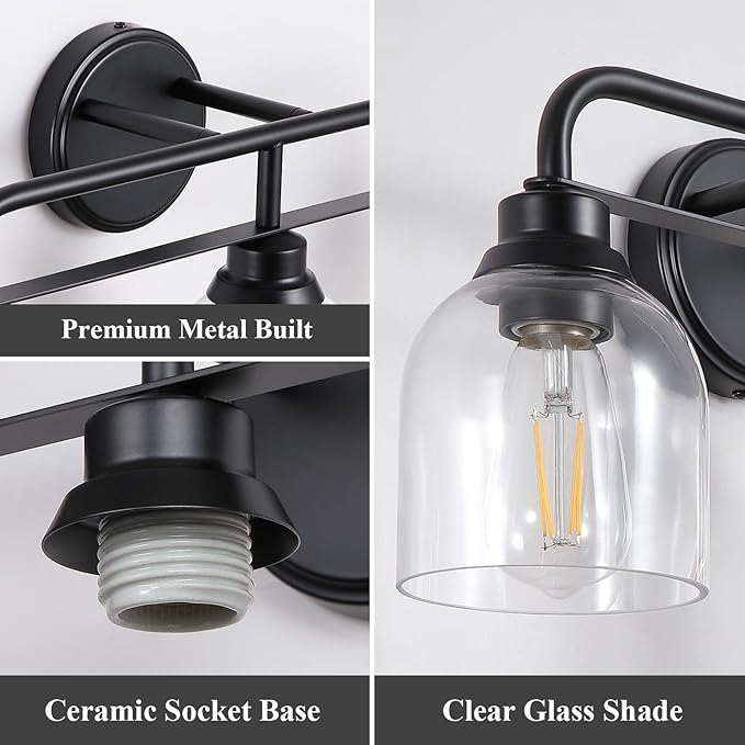 3 Light Matte Black Vanity Lights for Bathroom, Bathroom Light Fixtures Over Mirror with Clear Glass Shade, Ceramic E26 Sockets Wall Mounted