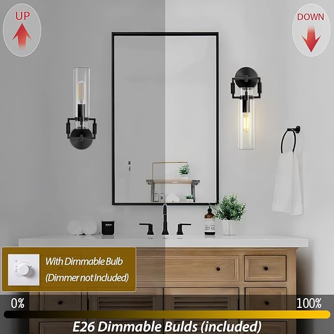 Black Indoor Wall Sconces Set of Two, 15'' knurled Brass Cylinder Sconces, Modern Clear Glass Bathroom Vanity Light, for Living Room, Bedrooms, Hallway, Fireplace, Staircases, Include Bulb