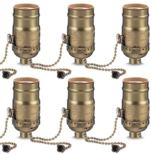 6 Pcs Pull Chain Lamp Socket Replacement, E26 Standard Threaded Base, Light Socket with Pull Chain, Lamp Parts for Repair (Antique Brass)