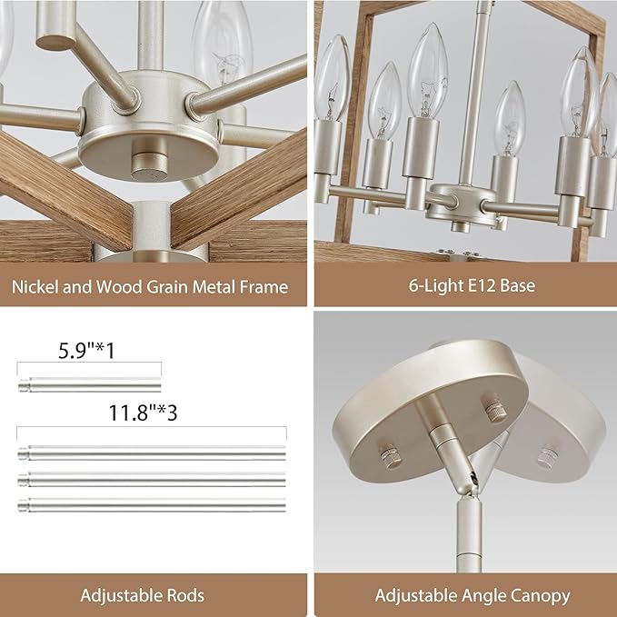 Modern Farmhouse Dining Room Light Fixtures, 20'' Geometric Nickel Chandelier for Living Room Kitchen Island Entryway Bedroom, 6-Light Rustic Wood Grain Pendant Hanging Lighting