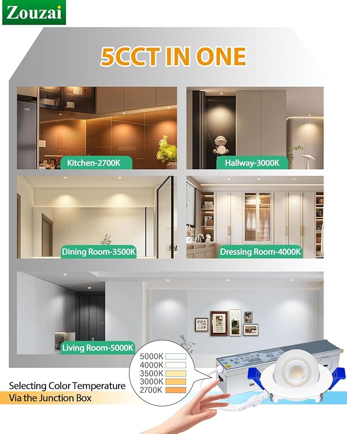 zouzai 2 Inch 5CCT Gimbal Led Recessed Lighting with Junction Box, 360°+90° Adjustable Recessed Can Lights, 2700K/3000K/3500K/4000K/5000K Selectable, 5W Eqv 50W, 550LM Brightness - ETL (White,6 Pack)