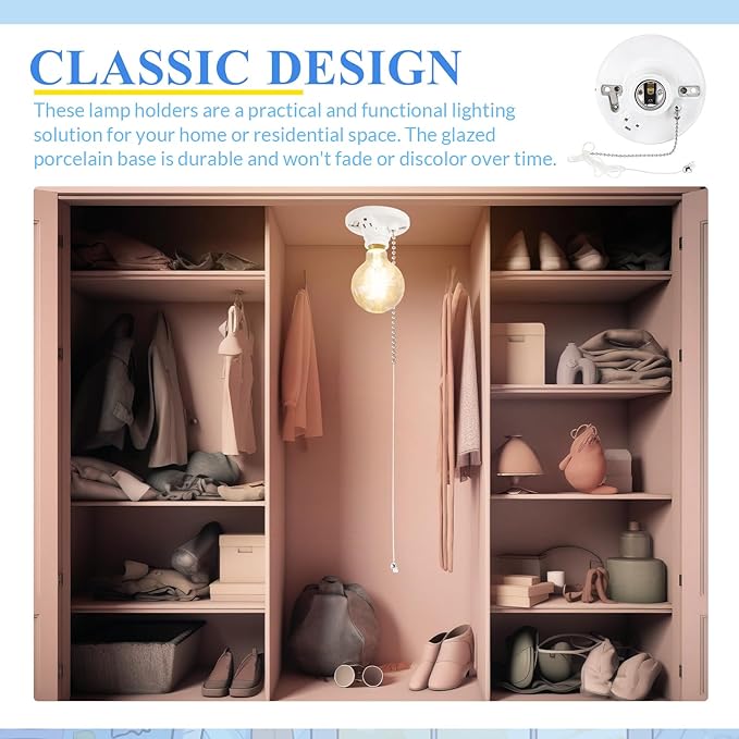 4 Pack Porcelain Light Socket with Outlet and Pull Chain Light Fixture, Bulb Socket with Grounded Outlet, E27/e26 Base, Porcelain Box Mount for Indoor Garage Closet Lighting