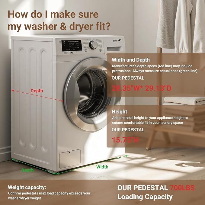 SKM Universal Washer and Dryer Pedestal Stand for 27" & 28" Machines | Heavy-Duty Steel, 700LB Capacity | 15.7" Height, Anti-Slip Design, White