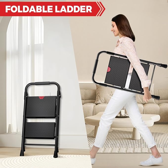 KINGRACK Step Ladder, Portable Folding Step Stool with Anti-Slip Wide Pedals, Heavy Sturdy Steel with Handrail, Safe-Lock Design, 800lbs Load Capacity, for Home and Kitchen, Black (2 Step Ladder)