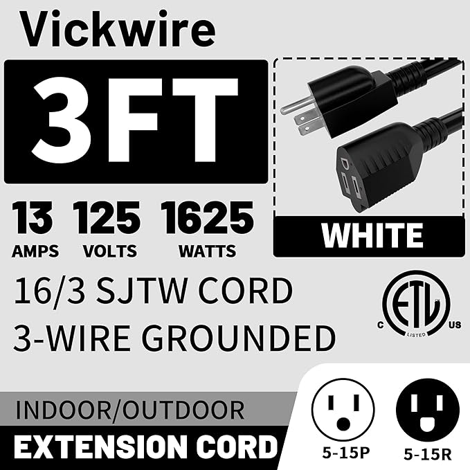 16/3 Black Indoor Outdoor Extension Cord 3 Ft 2 Pack Waterproof, Heavy Duty Extension Cord with 3 Prong Grounded Plug,13A 1625W 16AWG SJTW, Flexible Weatherproof Power Cable