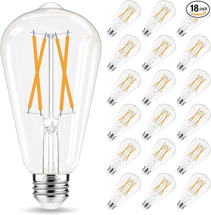 E26 Bulb, Non-Dimmable Edison Bulbs 60 watt LED Equivalent, 2700K Warm White, ST58 Vintage Light Bulbs, 90+ CRI, 6W 600LM, E26 Medium Base, Clear Glass, 18 Pack