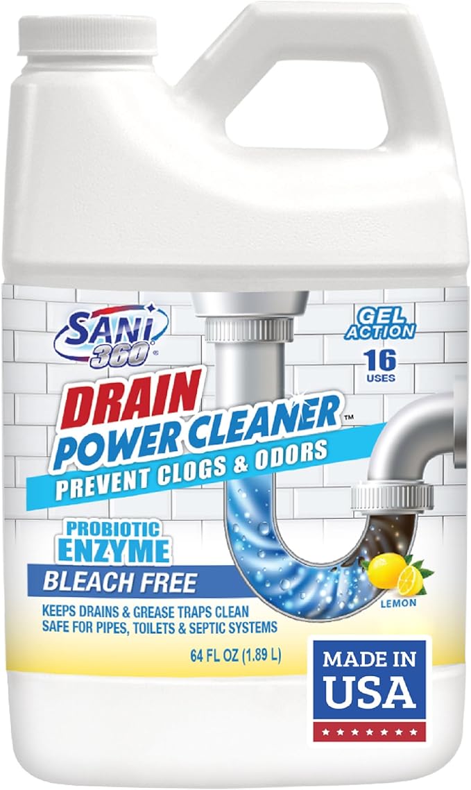 SANI 360° Drain Power Cleaner, Probiotic Enzyme Gel Formula, Odor eliminator, prevents clogs, Grease, Soap Scum, Save Money on Plumbing, Pipes and Septic safe, Made in the USA, 16 Uses, Lemon Scent