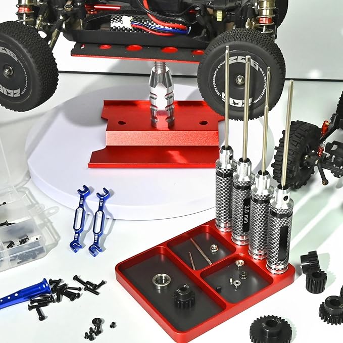 Magnet Tool Tray Aluminum Alloy Screw Tray with Tool Holder RC Parts Fixing for 1/10 RC Cars, Drones, Phone, Computer, Eyeglass, Electronic Multi-Compartment Anti-Loss Organizer Storage Box (Red