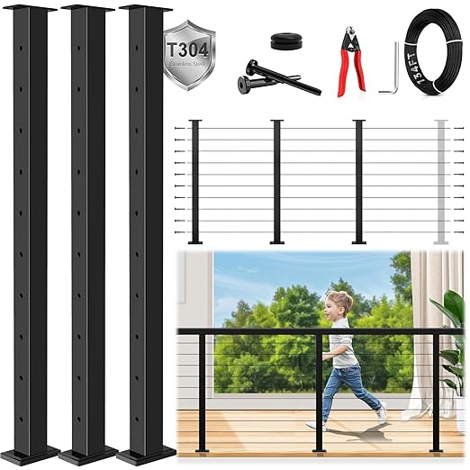 36" Expandable 8-12FT Black T304 Cable Railing Post Kit, Complete Cable Railing System with 3 Level Posts & 134ft 1/8" Wire Rope(No Handrail), Adjustable Length Easy DIY for Decks/Porch