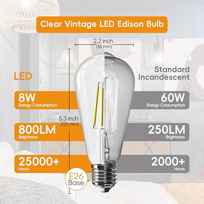 Jensense Edison LED Light Bulbs 8Watt Dimmable, 2700K Warm White, E26 Base, 60W Equivalent, Vintage Style, 800lm, CRI 90, Clear Glass, 1 Pack