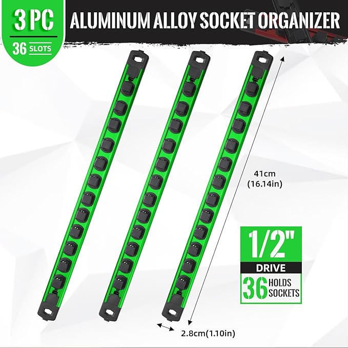 Magnetic Socket Organizer, 3-Piece Heavty Duty Aluminum Socket Holder, Socket Rail for Tool Box, Premium Quality 360° Swivel Socket Rack with 36 Clips for 1/2-Inch(Green)