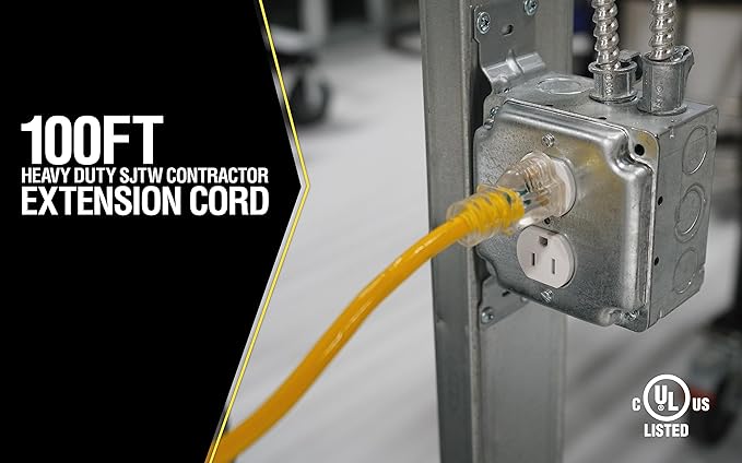 Southwire Yellow Jacket Heavy Duty Extension Cord - Reliable Outdoor Power for Tools & Equipment - Lighted End with Weather Resistant SJTW Jacket - 100 Foot