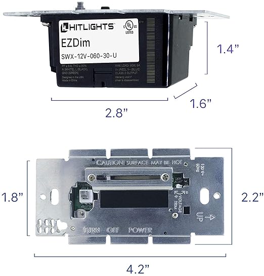 HitLights Dimmable Driver and Dimmer Switch Single Integrated Unit, EZDim 120V AC – 12 V DC 40Watt Wall Dimmer Switch Compatible with Most Solid Color 12V DC Tape Lights and Fixtures, UL Listed