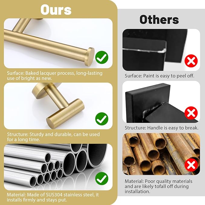 Brushed Gold Towel Bar Set 10 Pieces Bathroom Hardware Accessories Set Towel Rack Set for Bathroom SUS304 Stainless Steel Toilet Paper Holder Wall Mounted, 23.6 Inch