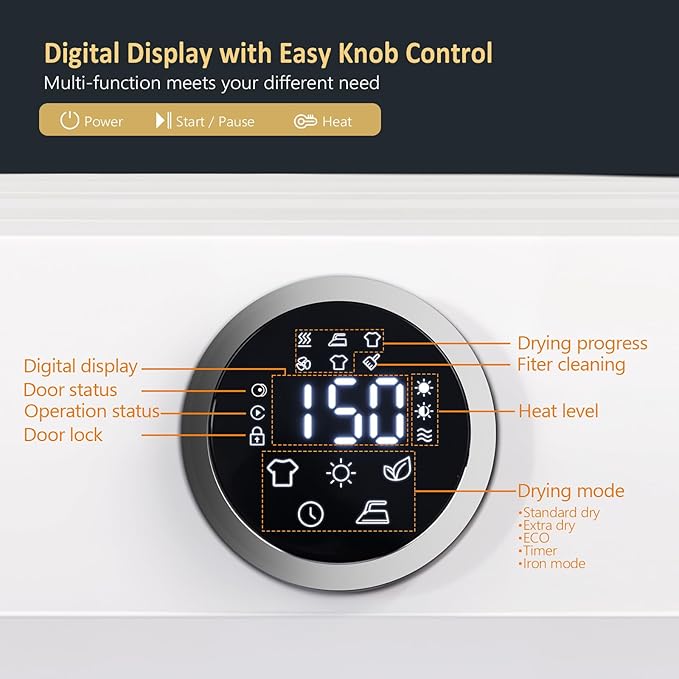 ROVSUN 1.8 Cu.Ft Portable Clothes Dryer, 1020W High End Front Load Electric Dryer, Compact Laundry Dryer with Electronic Screen Control & Stainless Steel Tub for Apartment, Home