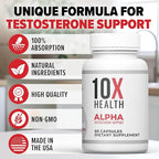 10X Health Alpha Testosterone Support - Muscle Builder & Testosterone Booster for Men with Tongkat Ali 1000mg, Muscle-enhancing Libido Booster & Testosterone Supplement for Men (60 Capsules, 2x Daily)