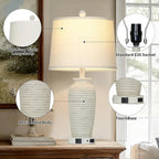 25" Retro White Farmhouse Jar Table Lamps for Living Room, 3 Way Touch Control Rustic Bedside Lamps with USB A+C Ports & AC Outlet, Pot Nightstand Lamps for Bedroom (LED Bulbs Included)