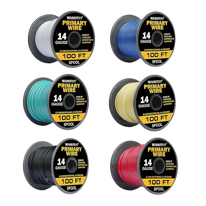 14 Gauge Wire Combo, 6 Roll Pack, 100ft Each (600ft Total) - Copper Clad Aluminium, Multi-Use, Insulated for Safety, Perfect for Home & Automotive