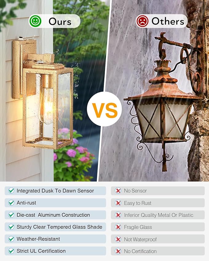 VIANIS Gold Outdoor Wall Light Dusk to Dawn Sensor, Exterior Wall Mount Sconces Lanterns Fixture for House, Golden Waterproof Aluminum Outside Wall Lamps for Patio, Porch Lighting for Garage Entryway