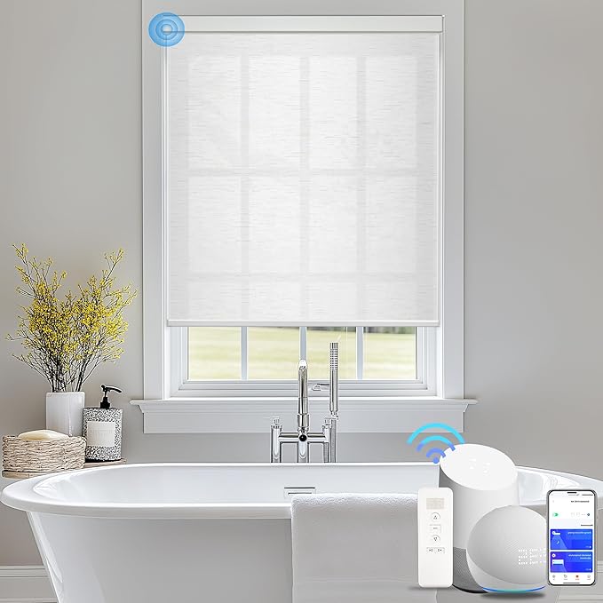 Motorized Blinds with Remote Cordless Automatic Motorized Shades Custom Blinds for Windows Smart Curtains Compatible with Alexa Google Home(Light Filtering Cloud White,W22 x H72in)
