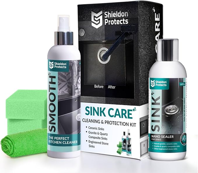 Shieldon Sink Care Kit – Cleaner & Nano Sealer for Granite Composite, Ceramic & Natural Stone Sinks – Restores Shine, Repels Stains, Grease & Hard Water – 2 Sponges & Microfiber Cloth