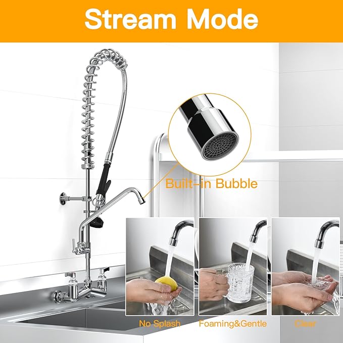 Commercial Sink Faucet Wall Mount with Pre Rinse Sprayer 8 inch Center Wall Mount Kitchen Sink Faucet 36" Height with 12" Add-on Swing Spout for 1/2/3 Compartment Sink-Round Sprayer
