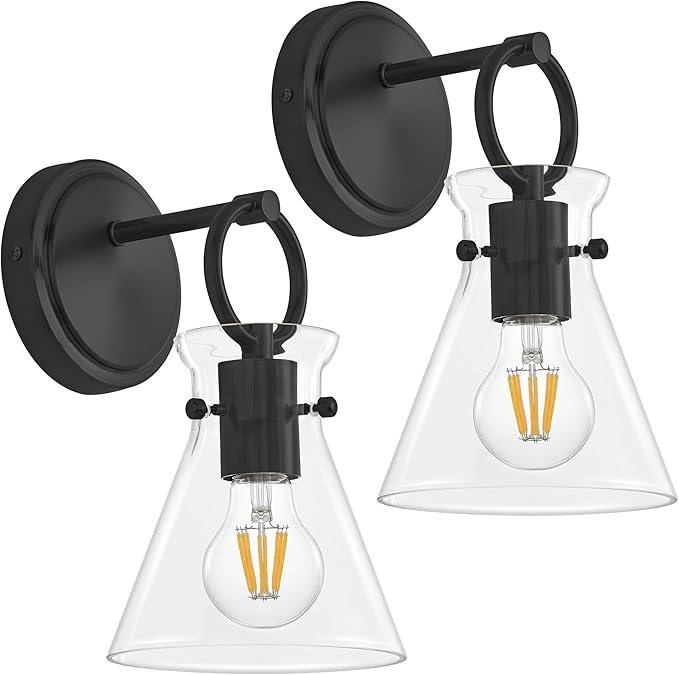 Wall Sconces Set of 2 Modern Vanity Light Fixtures for Bathroom Black Wall Mount Lighting Lamp Hardwired Farmhouse Wall Lights with 6 Inch Clear Glass Shade for Bedroom Living Room Mirror