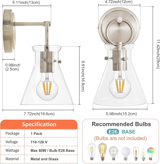 Wall Sconce for Bathroom Modern Vanity Light Fixtures Hardwired Wall Mount Lighting Lamp Farmhouse Wall Lights with 6" Clear Glass Shade for Bedroom Living Room, Brushed Nickel, 1 Pack