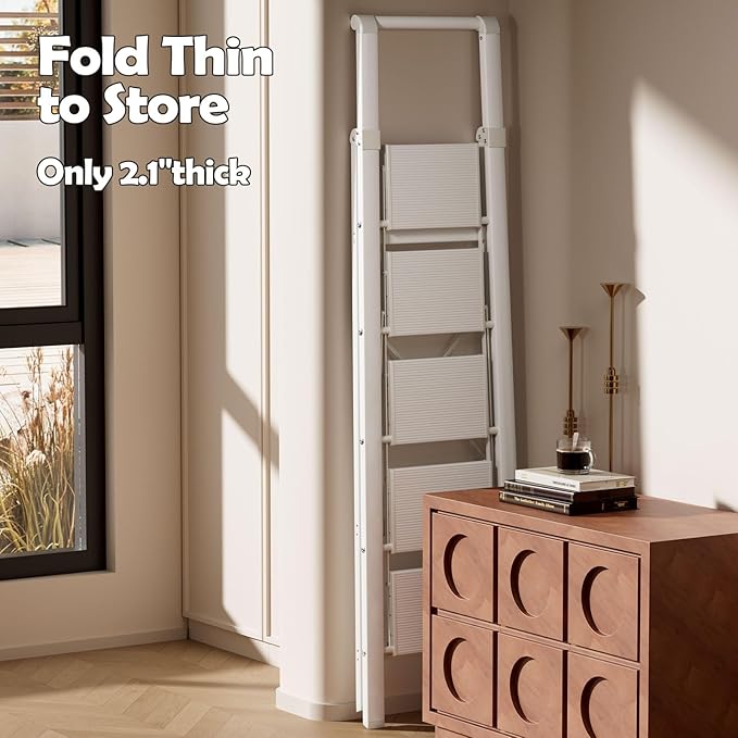 Taranta 5 Step Ladder, Portable Folding Ladder with Wide Pedal, Lightweight Aluminum Step Stool with Convenient Handgrip, 330 lbs Capacity Stepladder for Home, Office - White