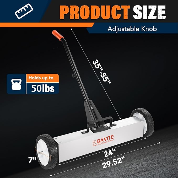 E BAVITE Nail Magnetic Sweeper,24 InchesHeavy Duty Telescopic Magnet Broom Large Rolling Nail Finder Magnet Tools with Wheels Cleanup and Long Adjustable Handle for Construction Yard