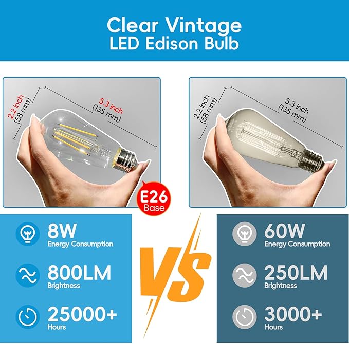 Jensense Edison LED Light Bulbs 8Watt Dimmable Edison Bulbs 5000K Daylight White, E26 LED Bulb 60watt Equivalent, LED Vintage Bulbs 800lm CRI 90 Clear Glass 12 Packs