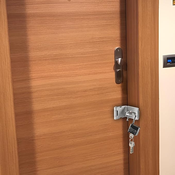 HOWDIA 4 Inch Door Lock Latch Padlock Hasp Set, 90 Degree Latch Lock with Screws and Padlock Stainless Steel Safety Right Angle Padlock Hasp Latch Security Door Clasp Hasp for Shed/Gate/Storage Lock