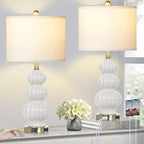 Triple Gourd Ceramic Table Lamps Set of 2, Modern White Bedside Lamps with USB A+C Ports & AC Outlet, 3 Way Touch Control Contemporary Nightstand Lamps for Bedroom Living Room