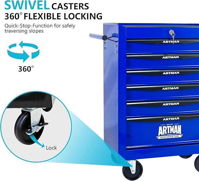 6 Drawers Rolling Tool Box on Wheels, Multifunctional Tool Chest Cabinet with Lock, Drawers Rolling Tool Cart Trolley Organizer Tool Storage Case for Warehouse,Garage,Workshop (Blue)