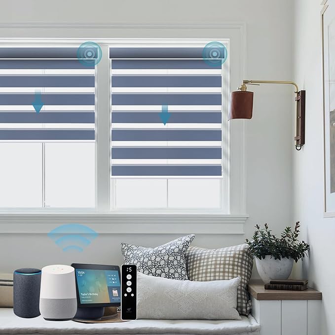 SmartWings Motorized Zebra Shades Work with HomeKit, Alexa, Google Home, 90% Blackout Light Filtering Day Night Sheer Blinds, Privacy Light Control, for Home/Office, Customized, Blue