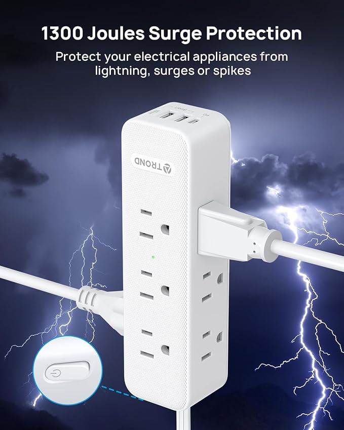 TROND Surge Protector Power Strip: 9 Widely Spaced AC Outlets with 20W USB C Charger Power Strip, 10ft Flat Plug Extension Cord, Wall Mount, Desk Charging Station, Office Hotel Dorm Essentials, White