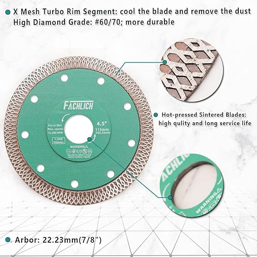 Diamond Porcelain Saw Blade 4-1/2" Tile Blade Ceramic Cutting Disc 115MM with X Teeth Turbo Mesh Rim for Ceramic Tile Porcelain Granite