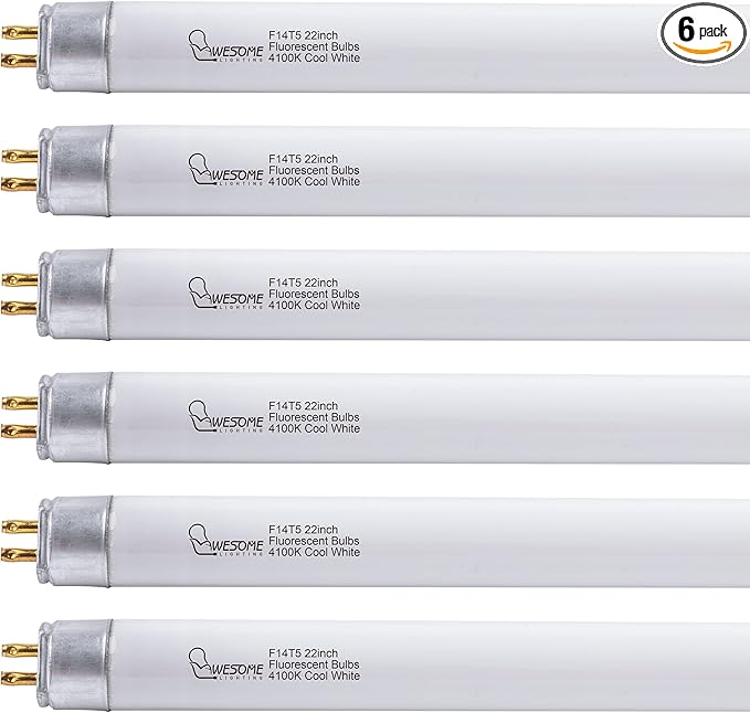 22 Inch F14T5/CW Fluorescent Light Bulb, 4100K Cool White, T5 14 Watt Fluorescent Replacement Bulb for Counter and Cabinet Fixture, G5 Base, 6 Pack