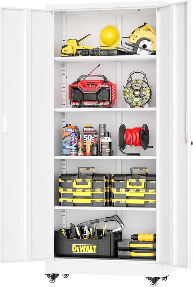 Greenvelly White Metal Storage Cabinet with Wheels, 73" Steel Garage Rolling Cabinet with Doors and 4 Shelves, Tall Locking Cabinets Tool Lockable Storage Cabinets for Basement, Pantry, Home Office