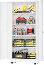 Greenvelly White Metal Storage Cabinet with Wheels, 73" Steel Garage Rolling Cabinet with Doors and 4 Shelves, Tall Locking Cabinets Tool Lockable Storage Cabinets for Basement, Pantry, Home Office