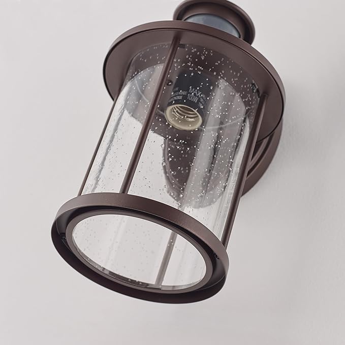 MICSIU 11.5 Inch Motion Sensor Exterior Wall Sconce 2 Pack, Dusk to Dawn Outdoor Lighting with Clear Seedy Glass, Oil Rubbed Bronze Outside Lights for Porch, Garage, Doorway, Pathway.