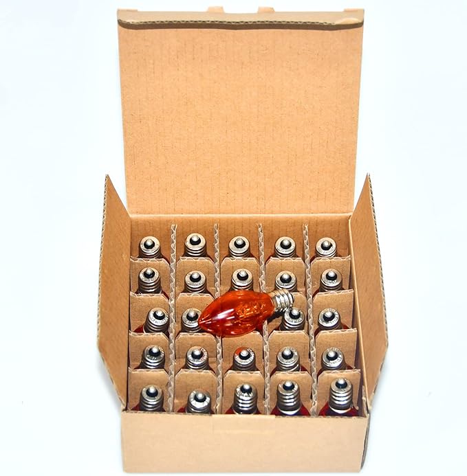 25 Pack Christmas String Light Bulbs, C7 Clear Orange Light Replacement Bulbs for Christmas Lights Indoor, Orange Light Bulb fits E12 Base, 5W Incandescent Bulbs for Christmas Decorations Outdoor