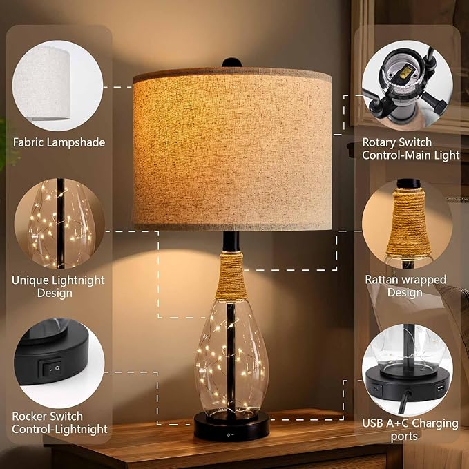 OYEARS 23" Table Lamps for Living Room Set of 2 Bedside Lamps for Night Stands Bedroom Lamps Farmhouse Rattan Boho Lamp Glass Nightlight End Table Lamp with USB C+A (Black),Two Light Points