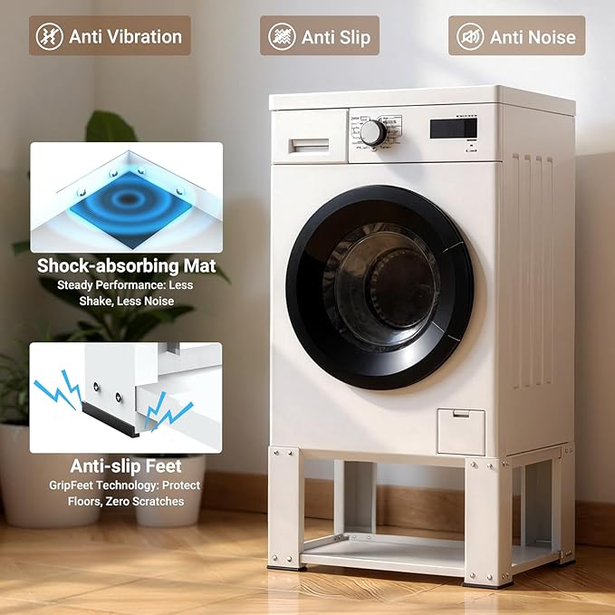 SKM Universal Washer and Dryer Pedestal Stand for 27" & 28" Machines | Heavy-Duty Steel, 700LB Capacity | 15.7" Height, Anti-Slip Design, White
