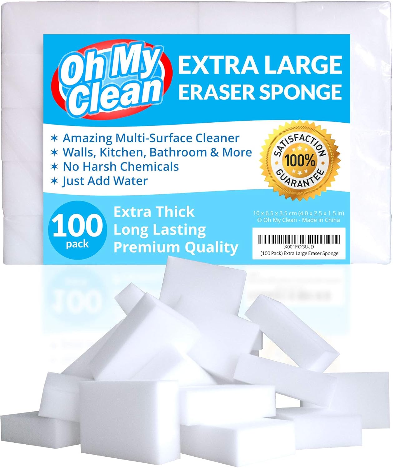 (100 Pack) Extra Large Eraser Sponge - Extra Thick, Long Lasting, Premium Melamine Sponges in Bulk - Multi Surface Power Scrubber Foam Cleaning Pads - Bathtub, Floor, Baseboard, Bathroom, Wall Cleaner